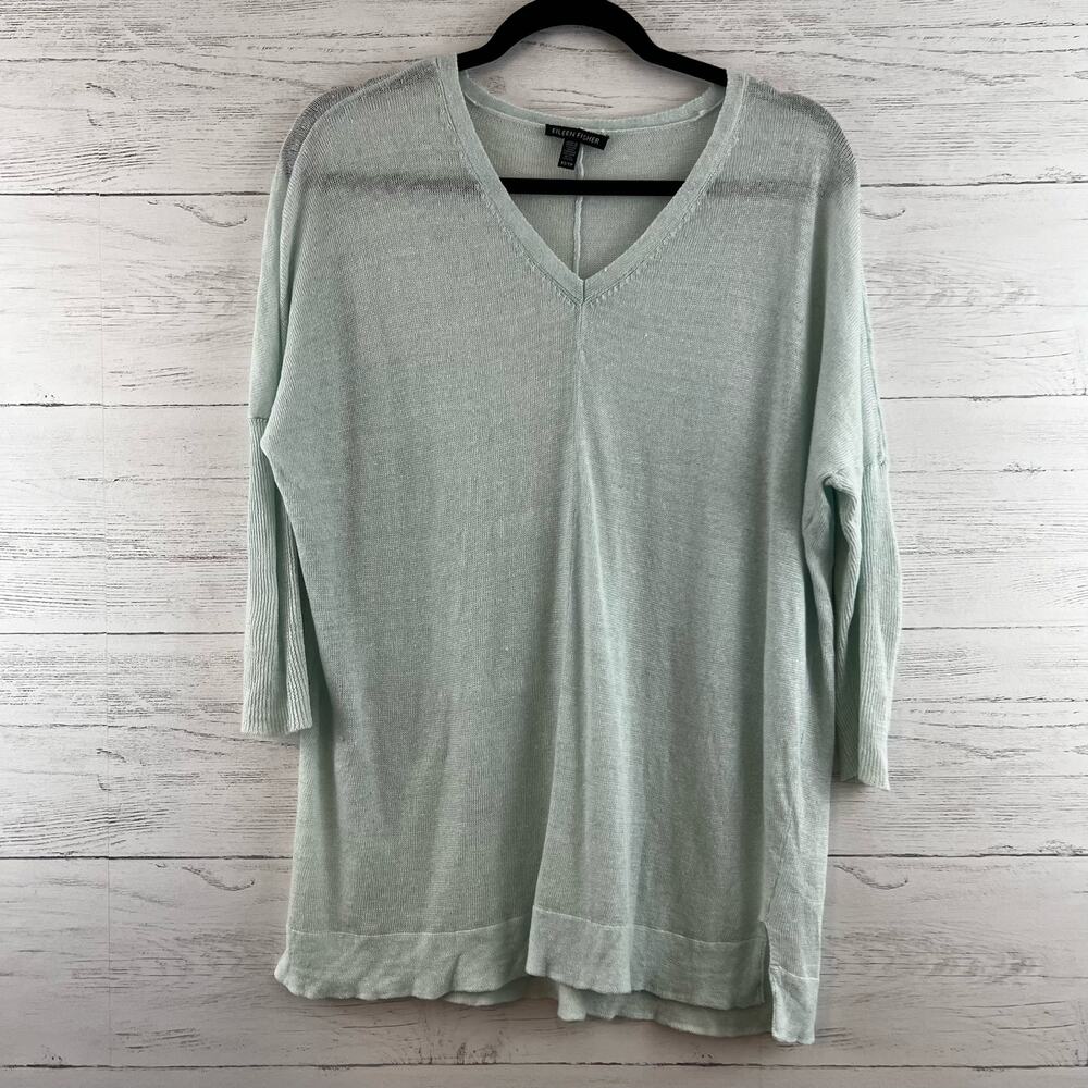 Eileen Fisher Mint Green V Neck Linen Sweater Size XS